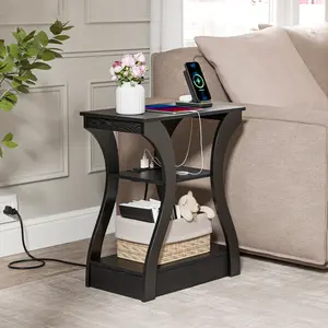 LEMY Modern Accent End Table with Charging Station, 3-Tier Curved Design Side Table with USB Ports, Elegant Nightstand with Storage Shelf for Living Room, Bedroom