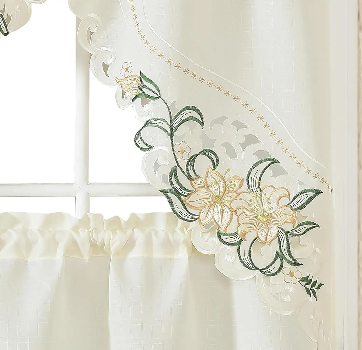 Lily . 3 count Multi-Color Embroidery Kitchen Cafe Curtain Set Swag and Tiers Set with cutworks. (Beige)