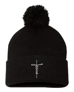 Jesus Cross Script Christian Embroidered Knit Beanie Pom Cap