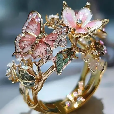 Mother's Day Gift Butterfly Flower Oil Drop Ring for Women, Statement Ring, Elegant Casual Ring, Beautiful Rings, Leaf Accents, Floral Design, Daily Fashion Accessory, Jewelry Rings, Perfect Holiday Gift