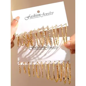 12 Pairs Minimalist Solid Color Twist & Geometric Design Hoop Earrings Set, Rhinestone Decor Ear Hoop Set, Fashion Jewelry Gift For Women