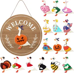 16 count Christmas Interchangeable Welcome Sign 12 Inch Holiday Seasonal Wooden Sign Goose Welcome Tag with Wooden Holiday  Goose Pieces for Front Door Porch Wall Decor(White)(Burlywood)