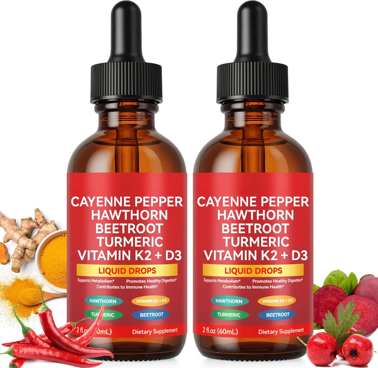 Cayenne Pepper Drops, Cayenne Pepper Hawthorn Beet Root Turmeric Vitamin K2 & D3 Liquid Supplements, 2PCS