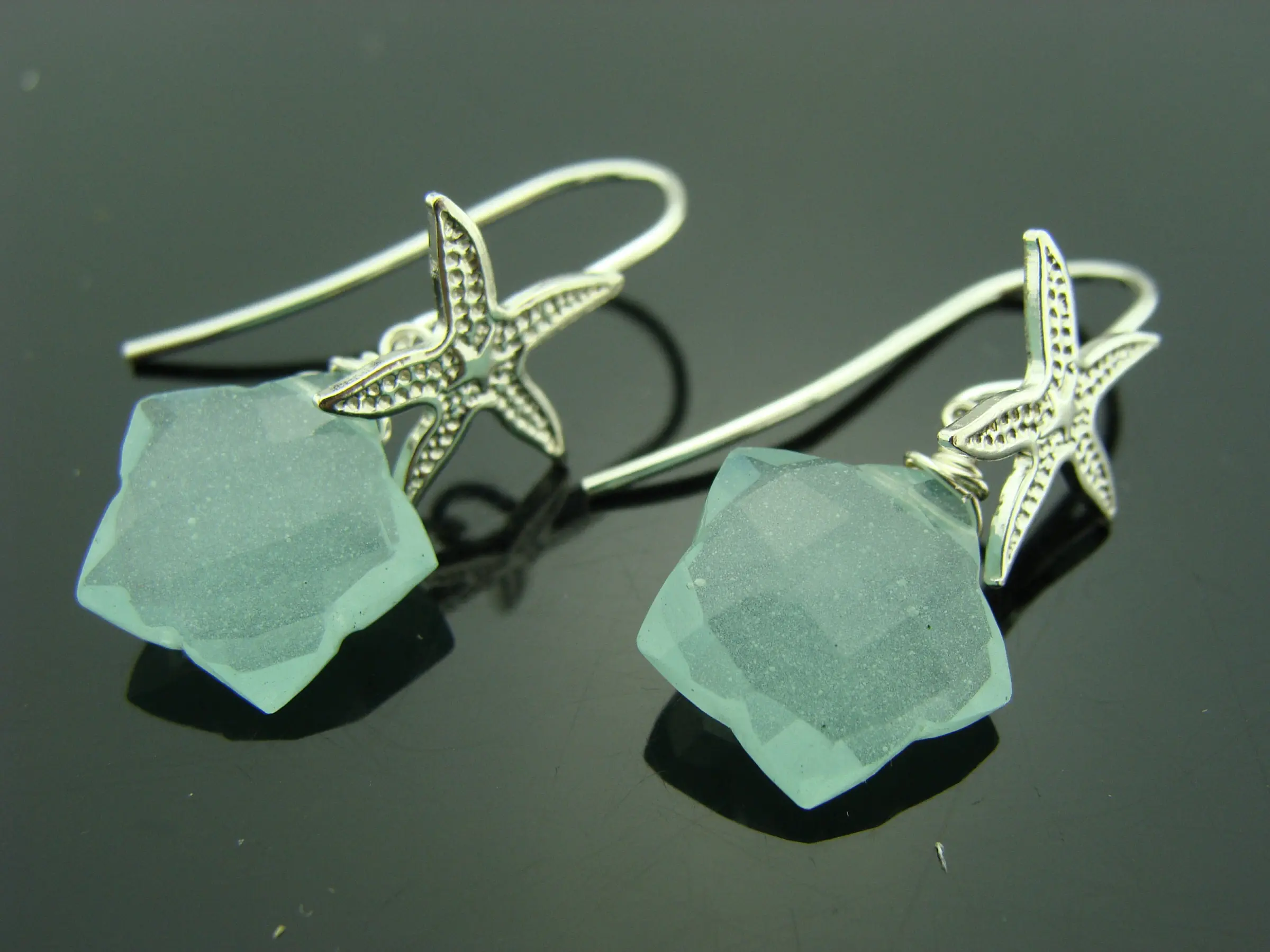 Aqua Chalcedony Starfish Earrings · 925 Sterling Silver Beach Jewelry · Blue Quartz Ocean Earrings · Gift for Her