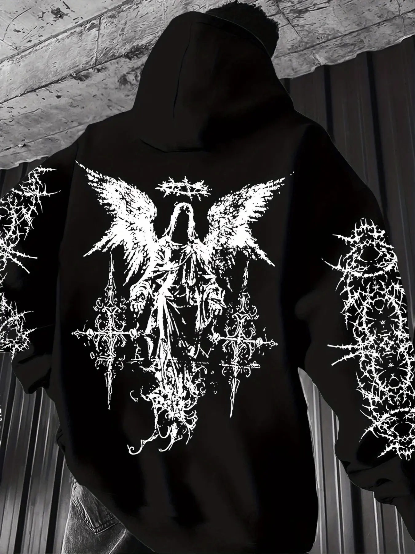 Men's Oversized Black Metal Angel Graphic Hoodie - Gothic Emo Dark Aesthetic Casual Pullover, Menswear Heavyweight Fleece Lined Grunge Streetwear, Distressed White Print Angel Wings Hoodie with Thorn Sleeves, Distressed Hoody