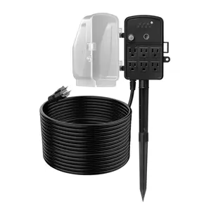 Weatherproof Outdoor Handheld Power Stake - 50FT Extension Cord, 6-Outlet Protection Cover, Remote Control Dusk-to-Dawn Timer, 1875W/15A for Christmas Lights, Garden Devices