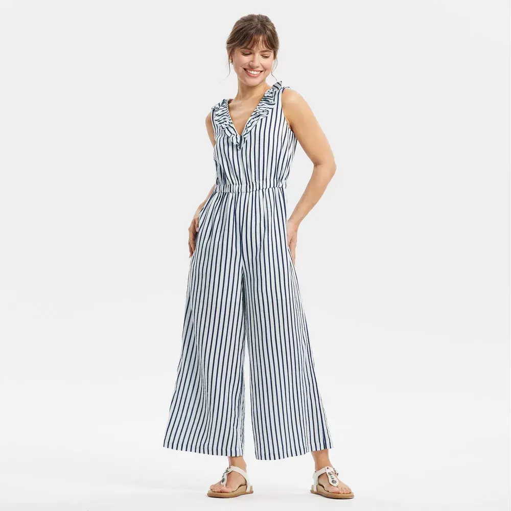 Universal Thread Women's Ruffle Jumpsuit - Navy Blue Striped