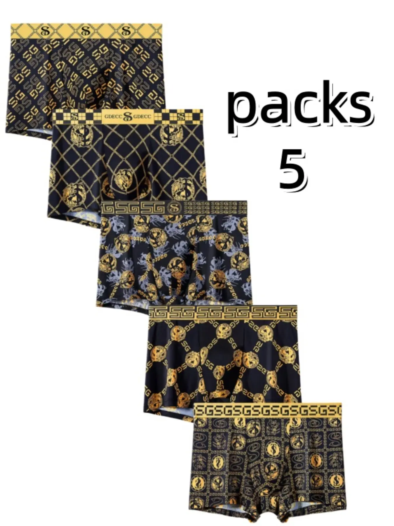 Men's Gold Print Underwear Set of 5, Luxury Breathable Low-Waist Briefs, High-Value Package, All Seasons Casual Wear