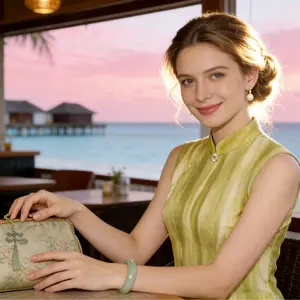 Vertical Striped Ink Green Sleeveless Slit Qipao Dress