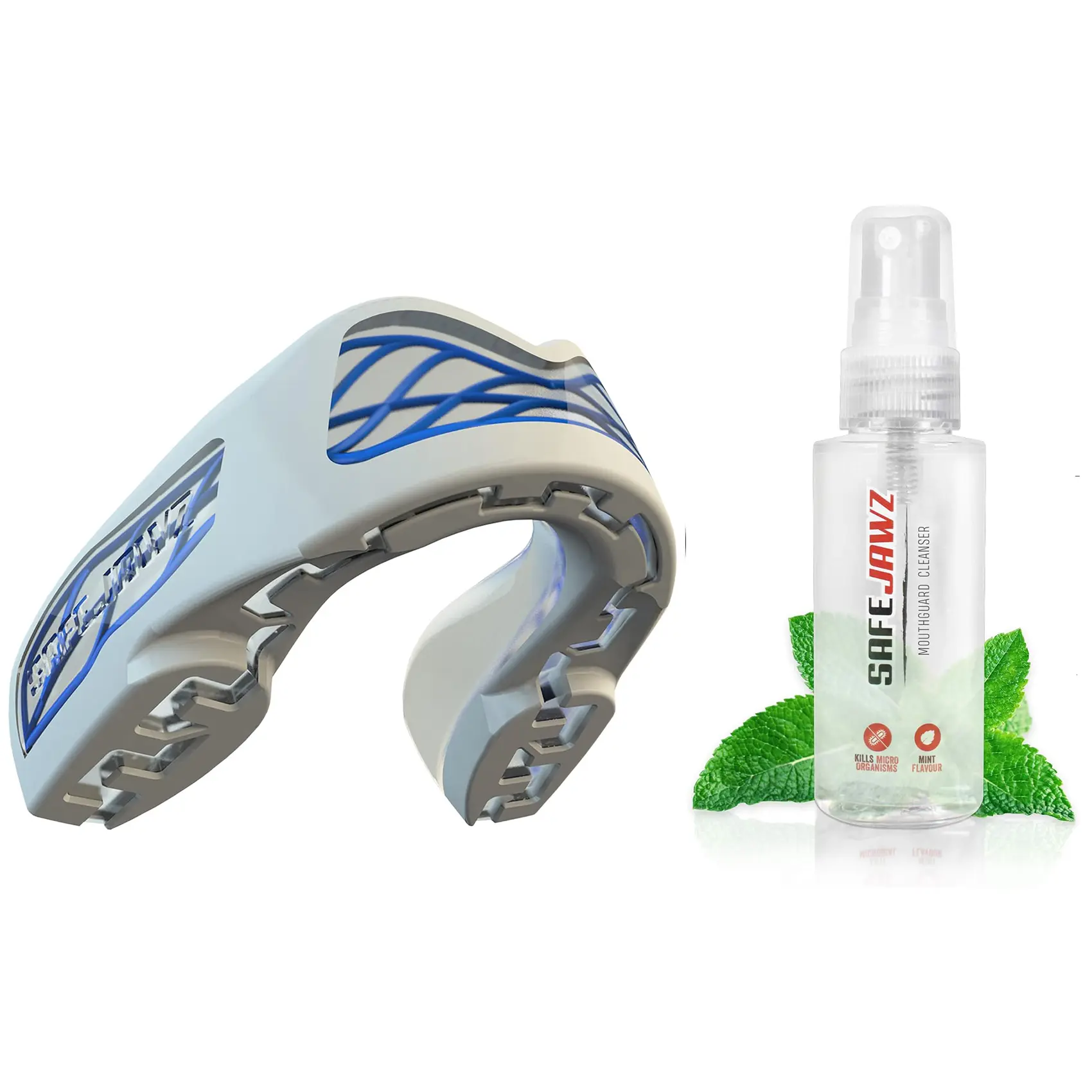 SafeJawz NITRO Triple Layer Shock Cage Sports Mouth Guard with Case and Disinfectant Spray Bundle Kit for Basketball, Football, MMA, Hockey, Wrestling - White