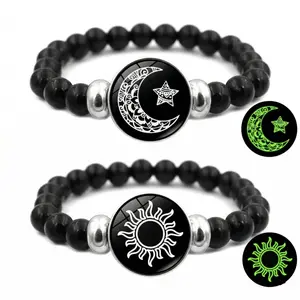 2Pcs Luminous Sun and Moon Couple Bracelets - Glow in The Dark Matching Braided Leather Jewelry, Adjustable Friendship Gift for Boyfriend Girlfriend, Anniversary & Valentine's Day