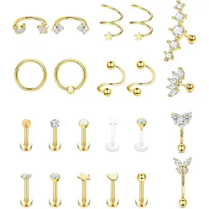 22PCS Ultimate Piercing Set | 16G Stainless Steel Cartilage Jewelry | Includes Labrets, Hoops, Spirals & Clickers | Waterproof & Hypoallergenic for Helix, Tragus, Conch & Lip