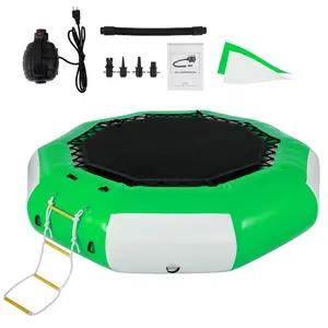 VEVOR Inflatable Water Trampoline, 10ft Recreational Water Bouncer with Escalator, Round Inflatable Water Trampoline in Green and White, Floating Trampoline for Lakes, Pools, Calm Sea