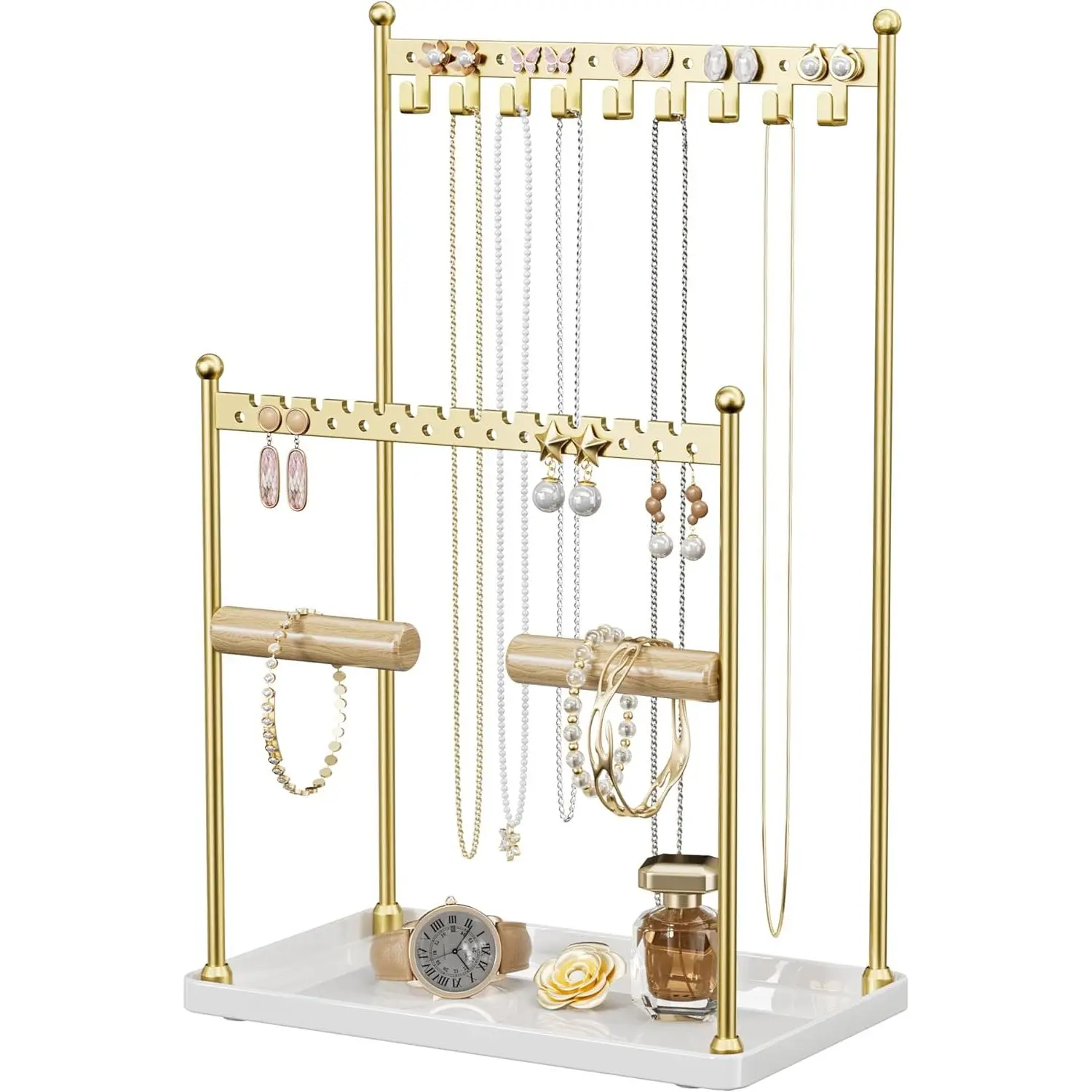 Gold 3-Tier Rectangle Aluminium Home Jewelry Organizer, Modern Durable Storage Organization Unit with 44 Holes & 9 Hooks for Necklaces, Earrings, Bracelets, Rings