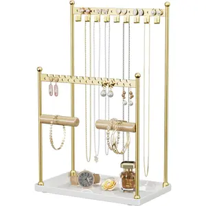 3 Tier Gold Jewelry Stand, Necklace Organizer, Earring Holder with 44 Holes and 9 Hooks, for Necklaces, Bracelets, Rings