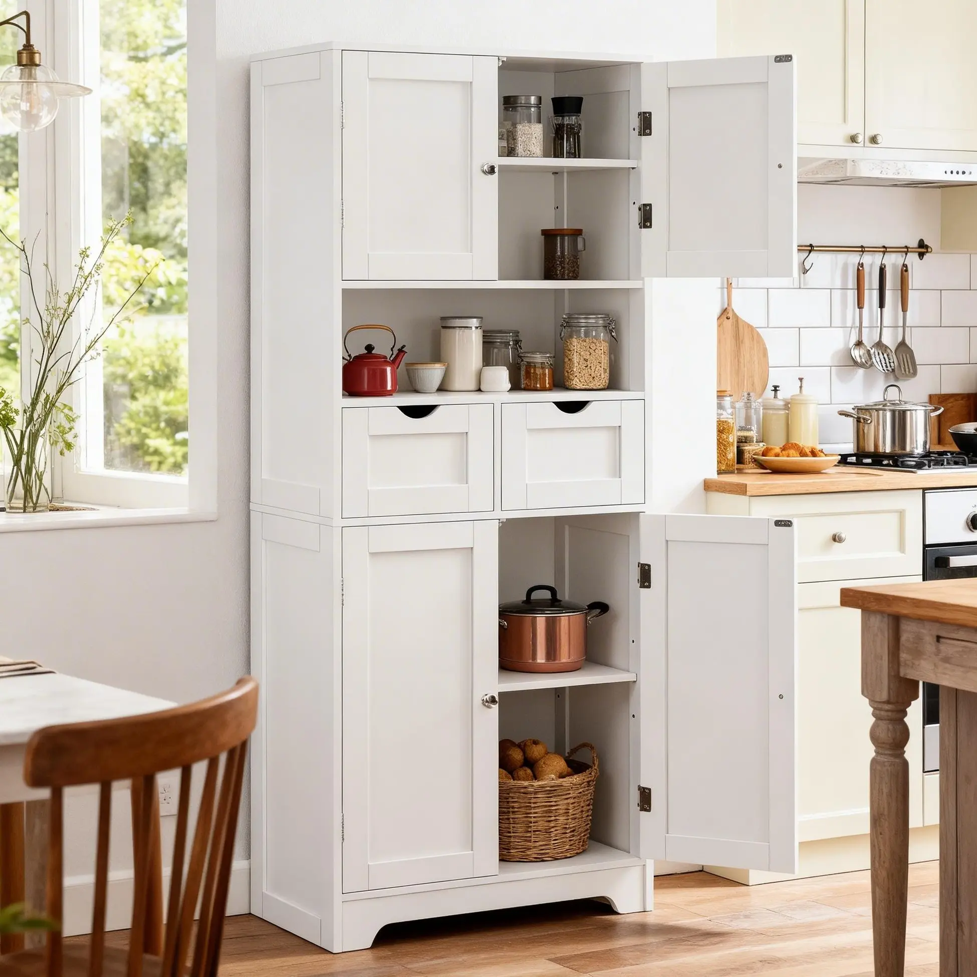 Fluted Sideboard Cabinet - Modern Home Furniture, 57.8 in Tall Sturdy Freestanding Indoor Cupboard, Clean Look Space-Saving Design, 2 Drawers, 4 Doors, 2 Adjustable Shelves, Adjustable Floor Base, Durable Natural Wood for Kitchen, Living Room Storage