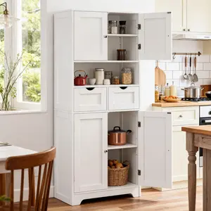 Modern Tall Kitchen Pantry Cabinet 57.8 H with 2 Drawers & 2 Adjustable Shelves 4 Doors White Green Grey Black & Natural Wood for Living Room & Kitchen Storage Cabinet