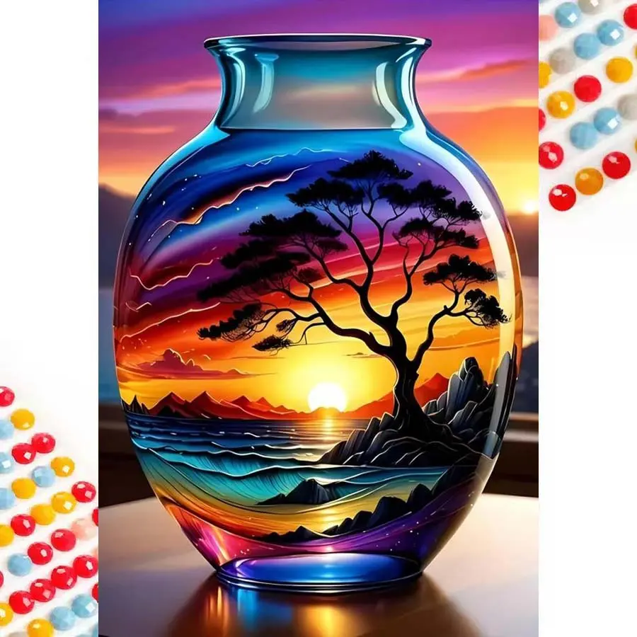 5D DIY Full Diamond Round Drill Painting - Diamond Painting Kit Sunset Tree Shadow Mosaic Canvas DIY Wall Art, Home Wall Decoration, Handicraft, Handmade Gifts