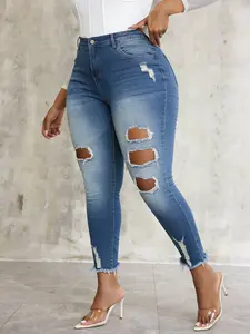 Plus Size Women's High-Stretch High-Waisted Fashion Washed Ripped Slim Fit Denim Jeans, Ankle-Length Pants, Stylish & Slimming, Suitable for All Seasons, All-Day Comfort Wear