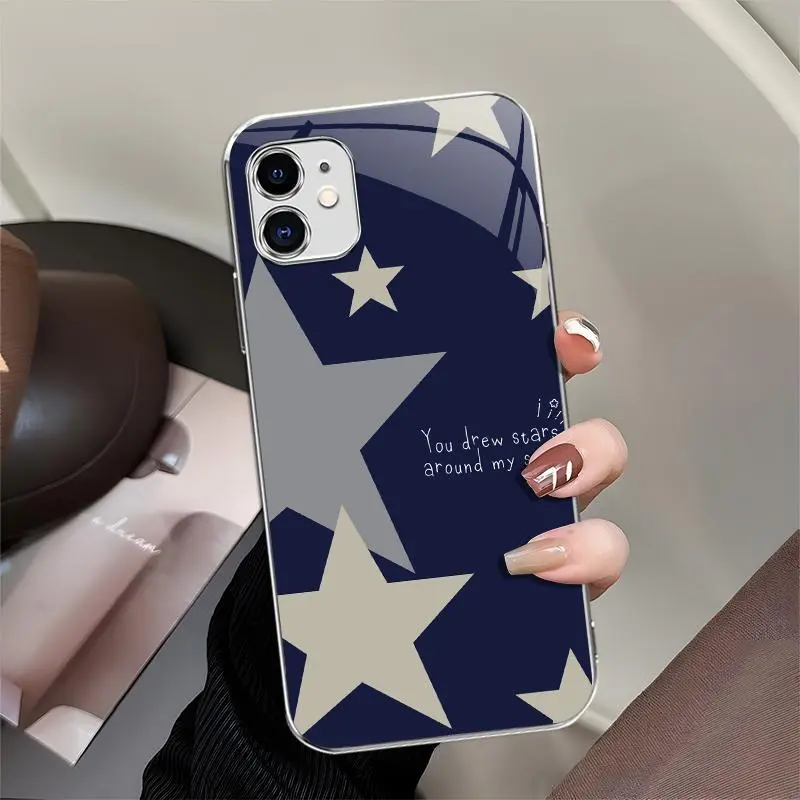 Simple navy blue star for【iPhone 11】light luxury fashion glass case--975