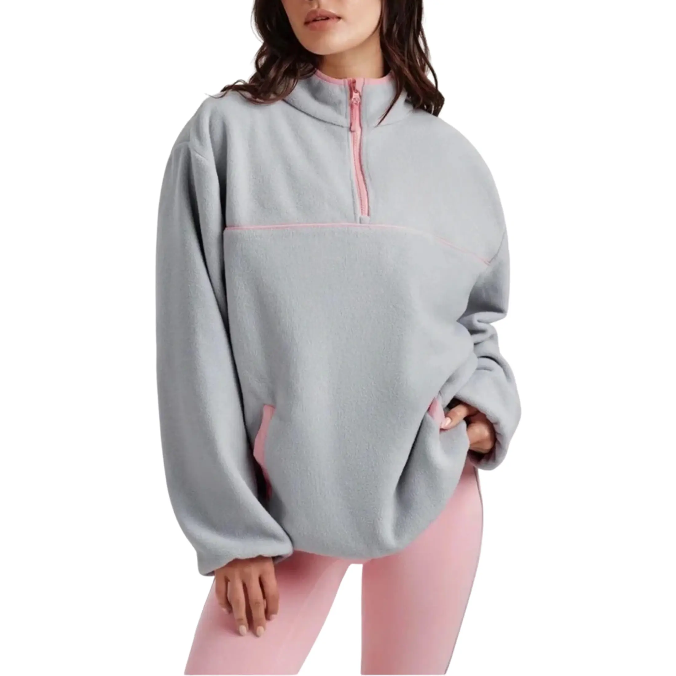 Mibbory Women's High Neck Half-Zip Sherpa Fleece Jacket - Longsleeves, Loose Breathable Plain Sweatshirt with Pockets, Fall Winter Outdoor Warm Casual Top