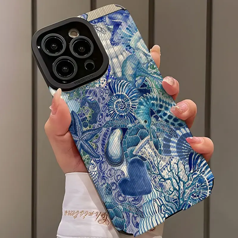 American Blue Seahorse Shell Design Shockproof Ultra-Thin Phone Case for iPhone 17/16/15/14/13/12/11/plus/pro Max Series Gift Idea
