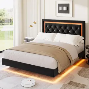Modern Upholstered Floating Bed Frame with LED Lights – Diamond Tufted Headboard, Firm Wood Slats, Heavy-Duty and Quiet, Easy Assembly, No Box Spring Required