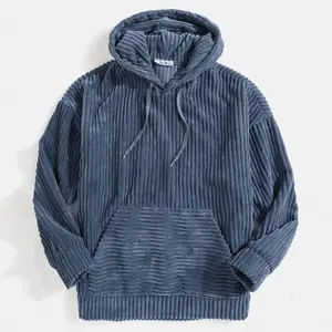 Men's Sweater Thickened Corduroy Long Sleeve Solid Color Kangaroo Pocket Shoulder Hoodie