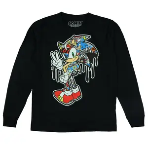 Sonic the Hedgehog T-Shirt Big Boys' Character Outline Collage Fill Designed Long Sleeve Tee (Medium)