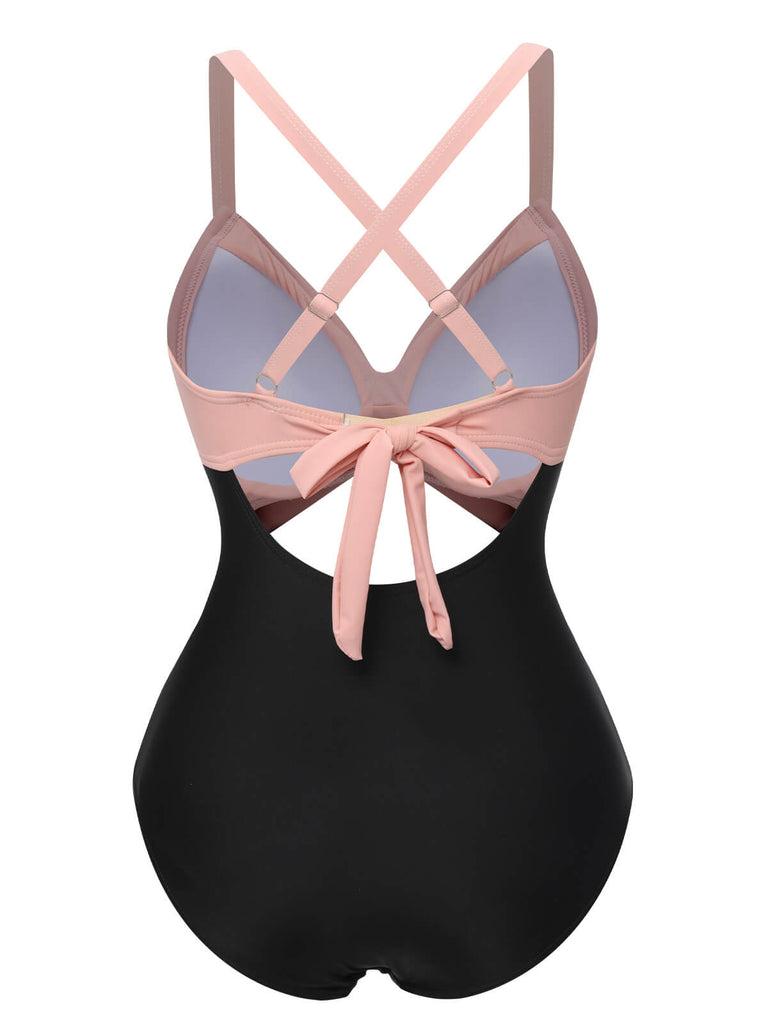 PINK & BLACK 1940S HOLLOW WAIST PATCHWORK SWIMSUIT Women's Swimoutfit 82% Polyester 18% Elastane Medium Stretch Wireless Bra Non-removable Pads