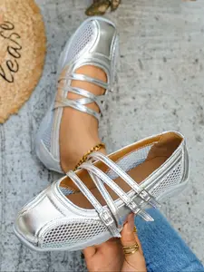 Summer New Silver Color Round Toe Casual Leather Hollow Out Sneakers, Low Top PU Sport Shoes for All Seasons, Women's Fashion Footwear