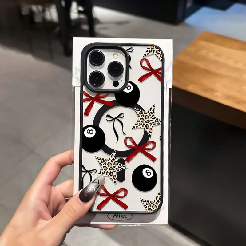 Black Billiard Ball Pattern MagSafe Magnetic Smartphone Casing, Transparent Acrylic Base, TPU Edges, Drop-Proof Lightweight Cover for iPhone 17 Pro Max/16/16e/15/14 Plus/13/12/11/X/XS, Handheld Cellphone Devices, Valentine's Day Gift