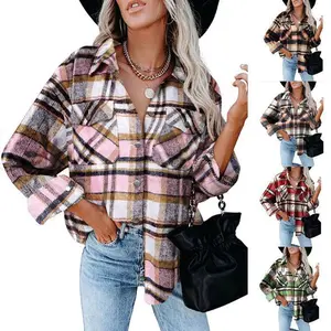 Women's Autumn Winter New Plaid Shirt Woolen Flannel Buttoned Coat Tops Casual Womenswear Blouse