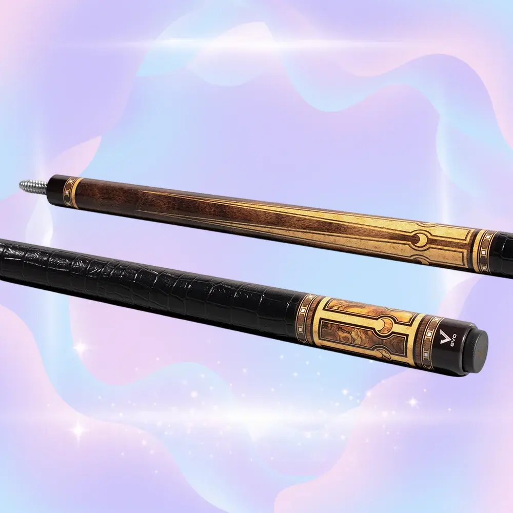 EVO LUNA Pool Cue – Golden Crest Leather Wrap, Glassfiber Precision Shaft, Carbon/Glass Butt, TIME 3 Tip, 12.5mm, 29 in, 3/8-10 Stainless Joint, 19–19.5 oz