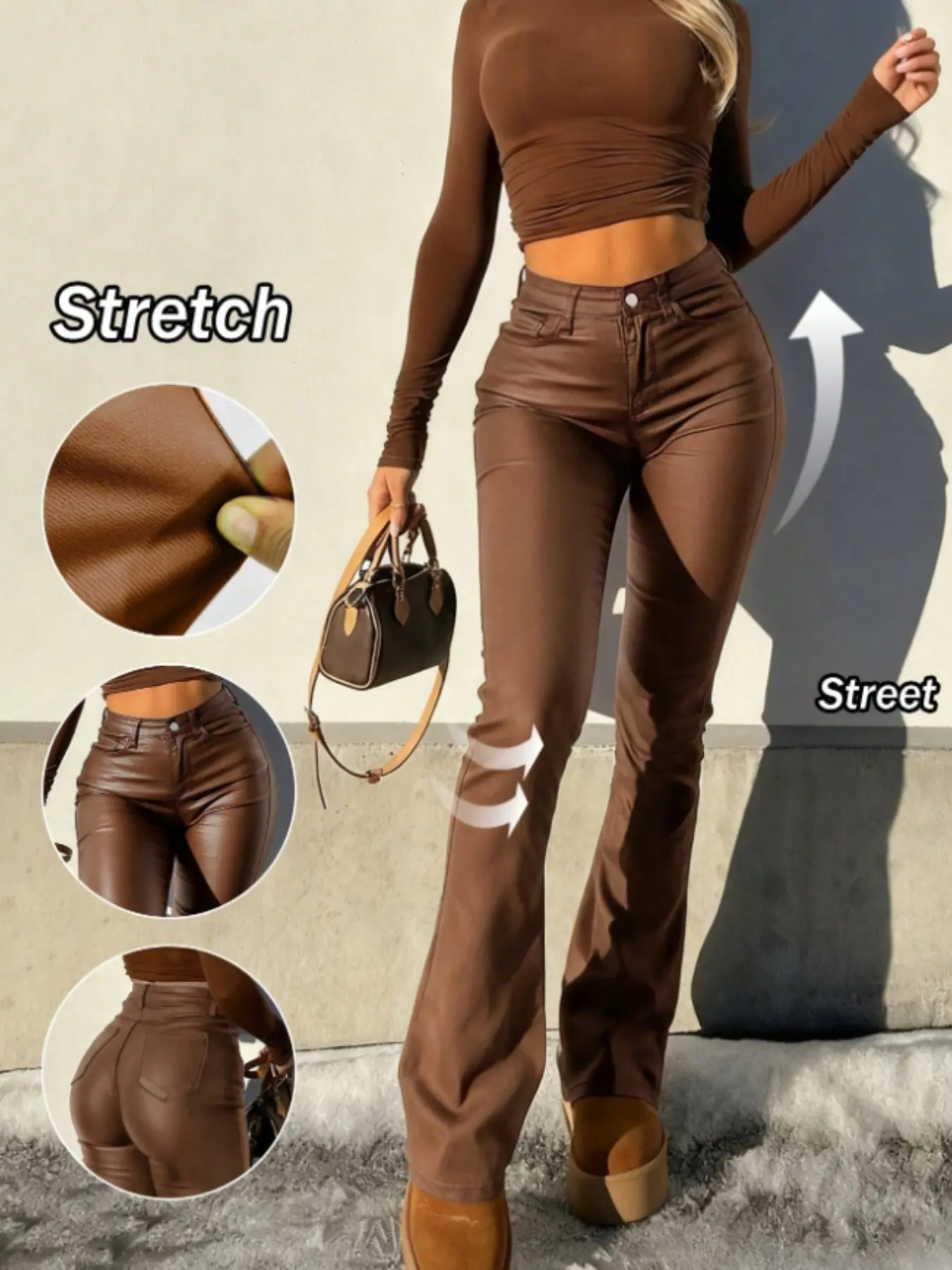Women's High Waist PU Pants, Casual Trousers, Solid Pattern, Casual Plain Pocket, Elastic Coated Stretch Fabric, Fit, Comfortable & Stylish Design, Perfect for Everyday Wear