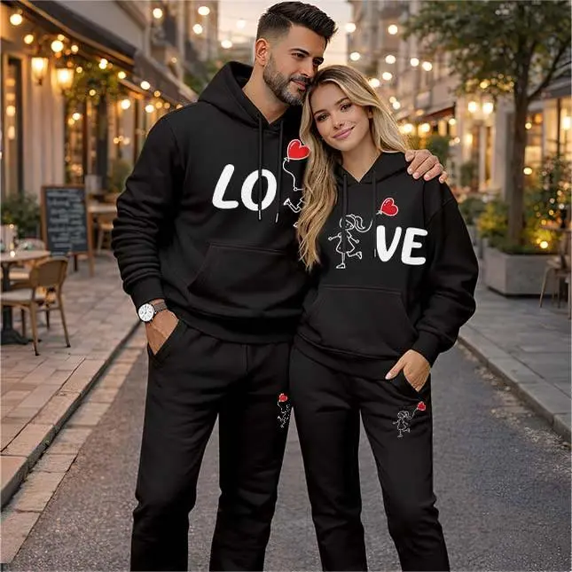 Men's 2-Piece Minimalist Athleisure Tracksuit Set - Hooded Long Sleeve Shirt, Love Letter Print Drawstring Sweatpants, Loose-Fit Polyester Athletic Workout Set, Casual Sportswear Outfit for Gym, Mensfashion Sporty Chic