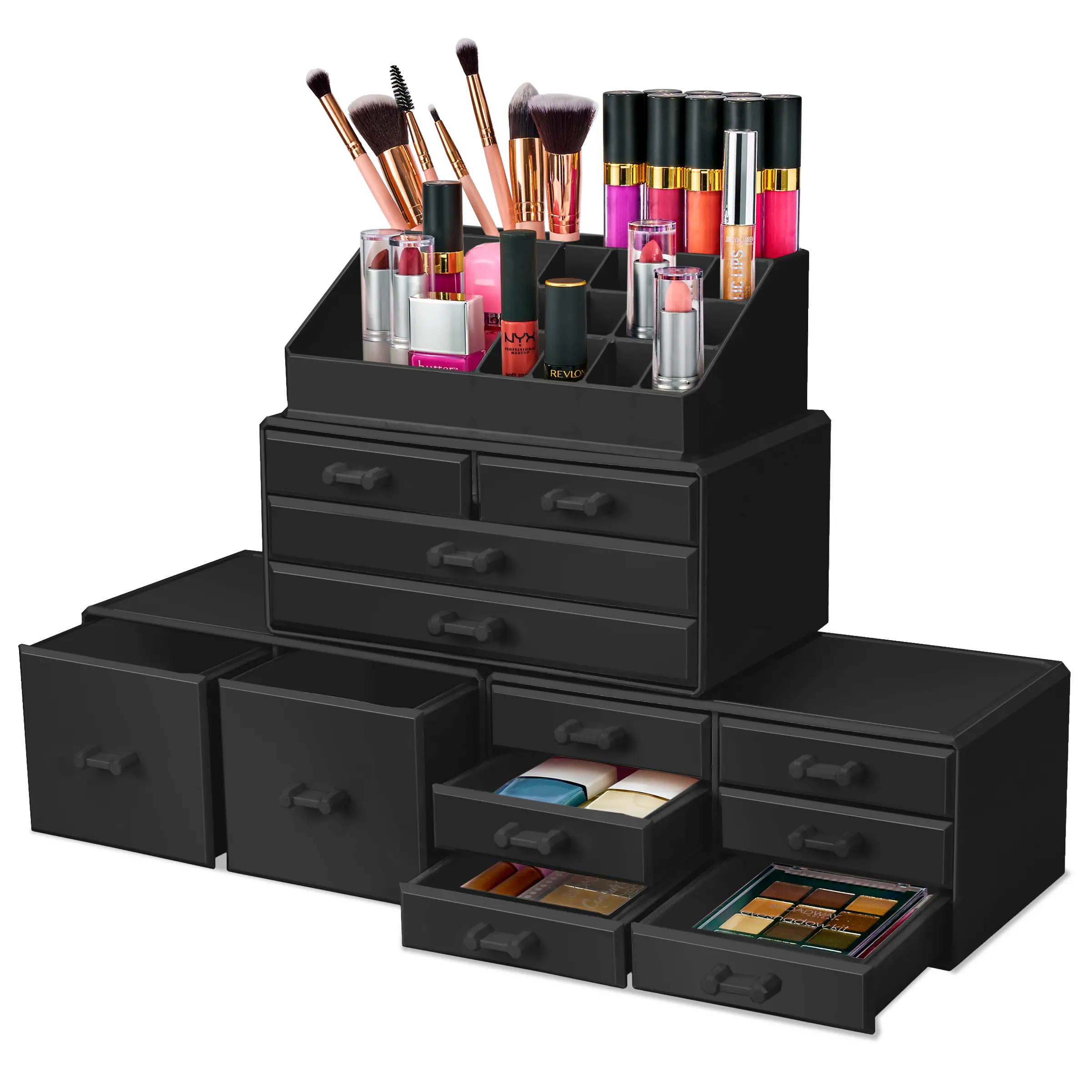 Sorbus Large Plastic Vanity Makeup Organizer - Stackable Jewel Design with 12 Drawers, Lipstick Slots, Slide Function, Black Mesh Padding, Brush Case & Decor Gift Set