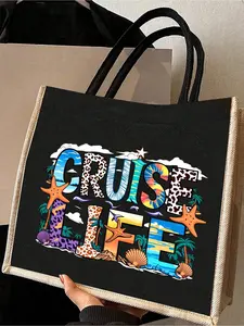 Cruise-themed linen tote bag and storage bag set, featuring coconut trees, shells, dolphins, starfish, and cruise life prints, including a handbag and a cosmetic bag, lightweight and foldable storage bags, essential for the beach, summer ladies' bags,