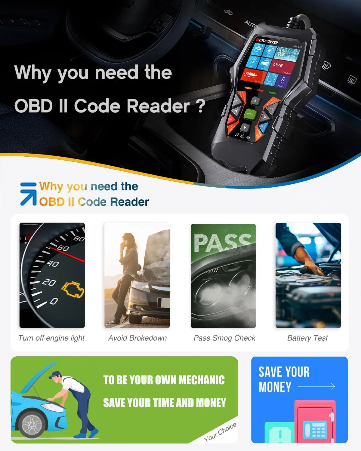 MOTOPOWER MP69040 OBD2 Scan Code Reader – Universal Car Engine