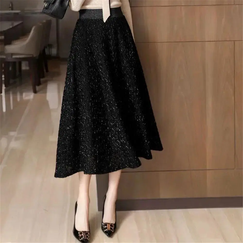 Elegant Sequined Plaid Tweed Skirt Women Autumn Winter Thick Party Black Long Skirt Korean Chic Elastic High Waist A-Line Skirts