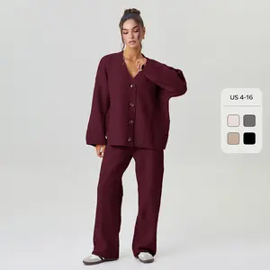 Women's Slouchy Solid Color V-Neck Button-Up Long Sleeve Cardigan & Stretch Loose Trousers Co-ord, Minimalist Two Piece Outfits, Cozy Womenswear (CN)