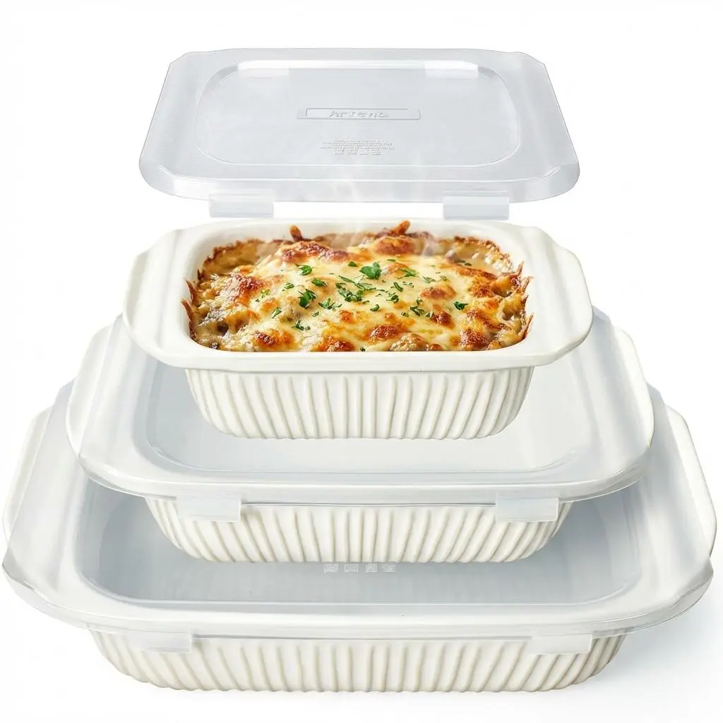 3-Piece Ceramic Casserole Set | 5.1Qt, 2.3Qt, 1.1Qt Deep Baking Dishes | Rectangular Lasagna Pan with Handles | Oven, Microwave & Dishwasher Safe Bakeware, Classic White