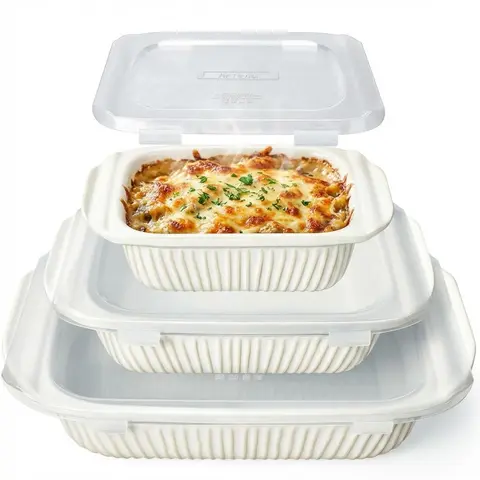 White Ceramic Casserole Bakeware Set - 3-Piece Deep Rectangular Baking Dishes (5.1 Qt, 2.3 Qt) with Handles, Even Heat Distribution, Heatproof, Multi-Use for Oven, Meal Prep, Holiday Feasts, Safe for Dishwasher, Microwave, Freezer, Three Pieces