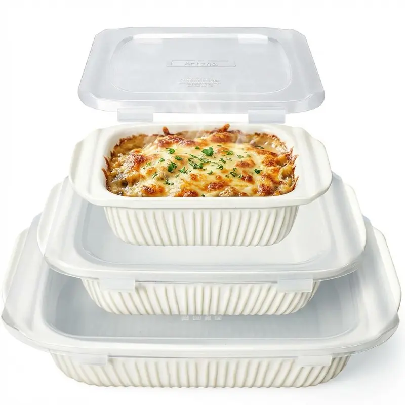 White Ceramic Casserole Bakeware Set - 3-Piece Deep Rectangular Baking Dishes (5.1 Qt, 2.3 Qt) with Handles, Even Heat Distribution, Heatproof, Multi-Use for Oven, Meal Prep, Holiday Feasts, Safe for Dishwasher, Microwave, Freezer, Three Pieces