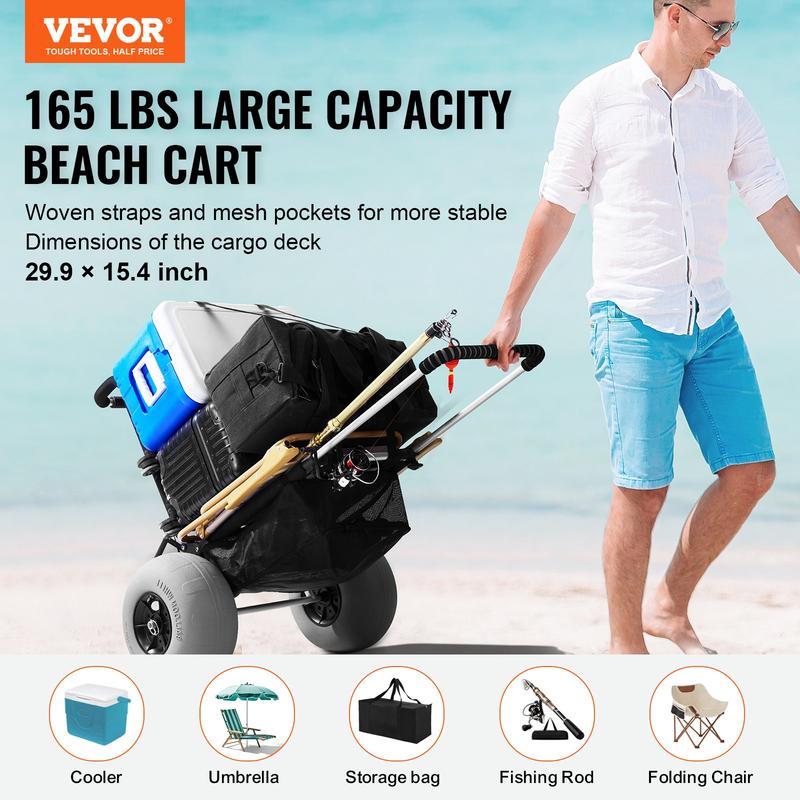 VEVOR Beach Dolly with Big Wheels for Sand, TikTokShopBlackFriday, 29.9" x 15.4" Cargo Deck, w/ 12" BIG Wheels, 165LBS Loading Capacity Folding Sand Cart & 27" to 44.7" Adjustable Height, Heavy Duty Cart for Beach VEVOR Super Brand Day