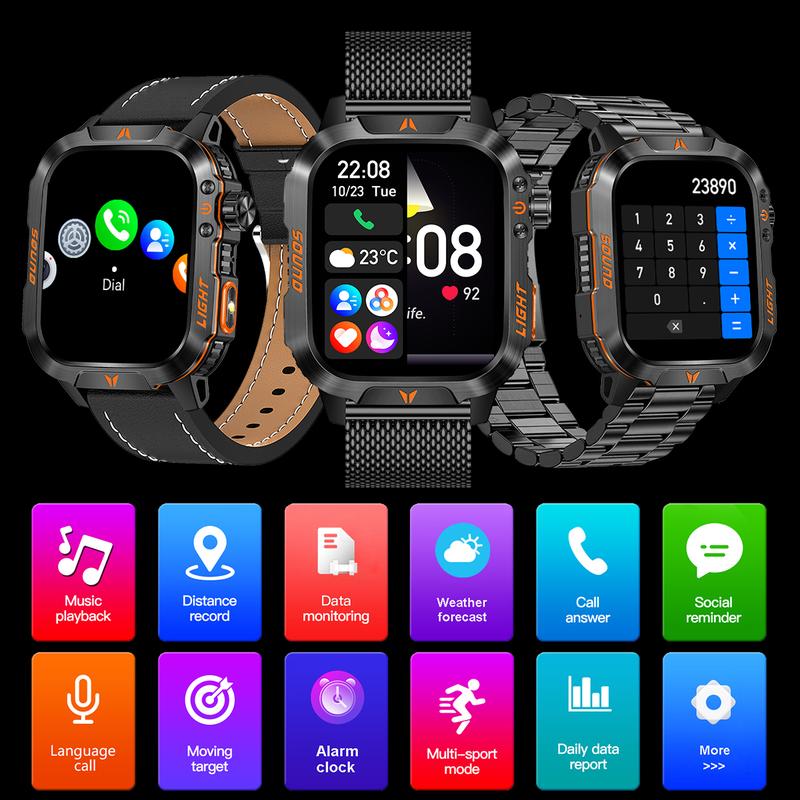 New durable smart outdoor sports fitness watch men's smart watch 2.01 inch can talk wearable lP68 waterproof led flashlight 100+ sports modes running outdoor climbing riding can connect iPhone and Android mobile phone men's gift Charging Screen