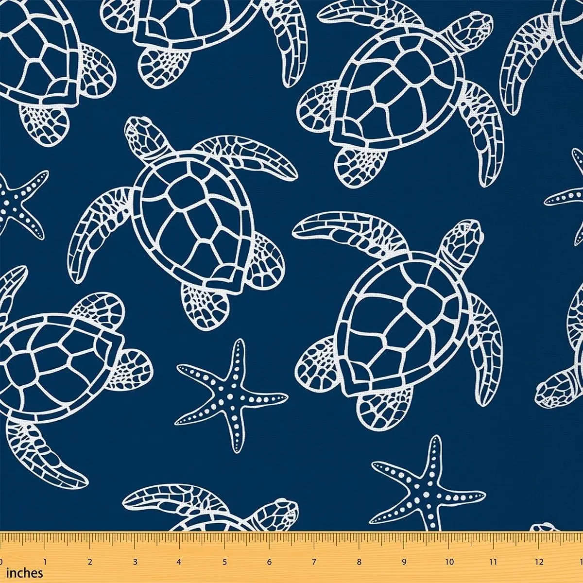 Sea Turtles Fabric Cute Sketch Starfish Sealife No Stretch Fabric Cartoon Coastal Ocean Creature Soft Flannel Polyester Fabric DIY Home Accents Pre-Cut,Navy Blue