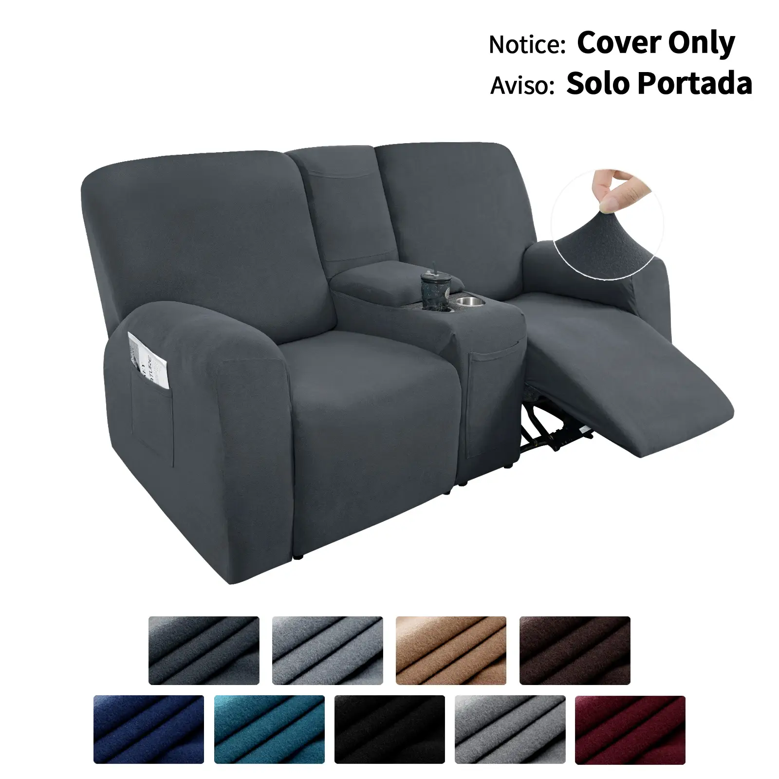 Easy-Going Recliner Loveseat Cover, Cover Only, Cover With Center Console Sofa Slipcover Soft Fitted Fleece 2 Seats Couch with Holder and Storage Wash