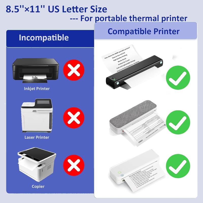 100 Sheets  Letter Size Thermal Paper, 8.5 x 11 Inch Thermal Printer Paper for M08F/A40 Thermal Portable Printer, Continual Feeding Folded Printing Paper