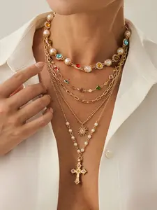 Bohemian Style Alloy Chain Necklace Set, Colorful Crystal Pendant Women's Jewelry, Casual Daily Wear, Holiday Gift Recommendation, Statement Necklace